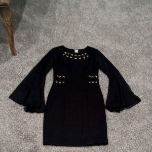 Venus Black Mini Dress with Gold Grommets & Sheer Sleeves size XS